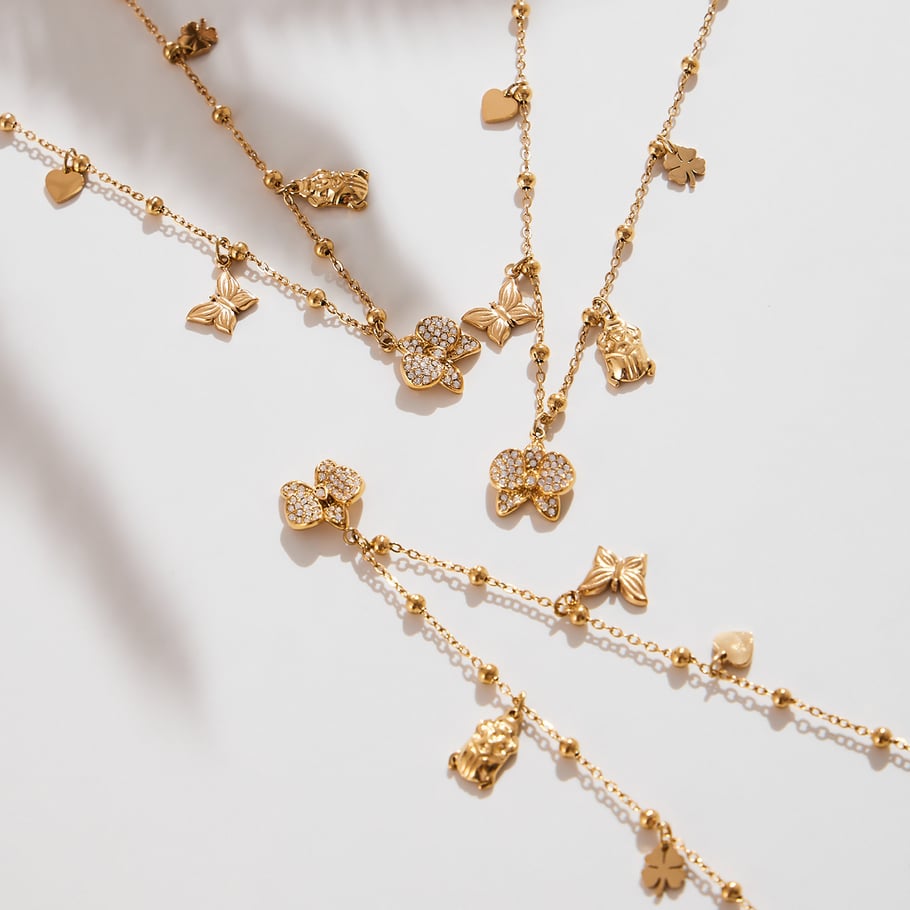 Collier avec pendentif Phalaenopsis en acier inoxydable couleur or pour femme, 1 pièce h5Image4