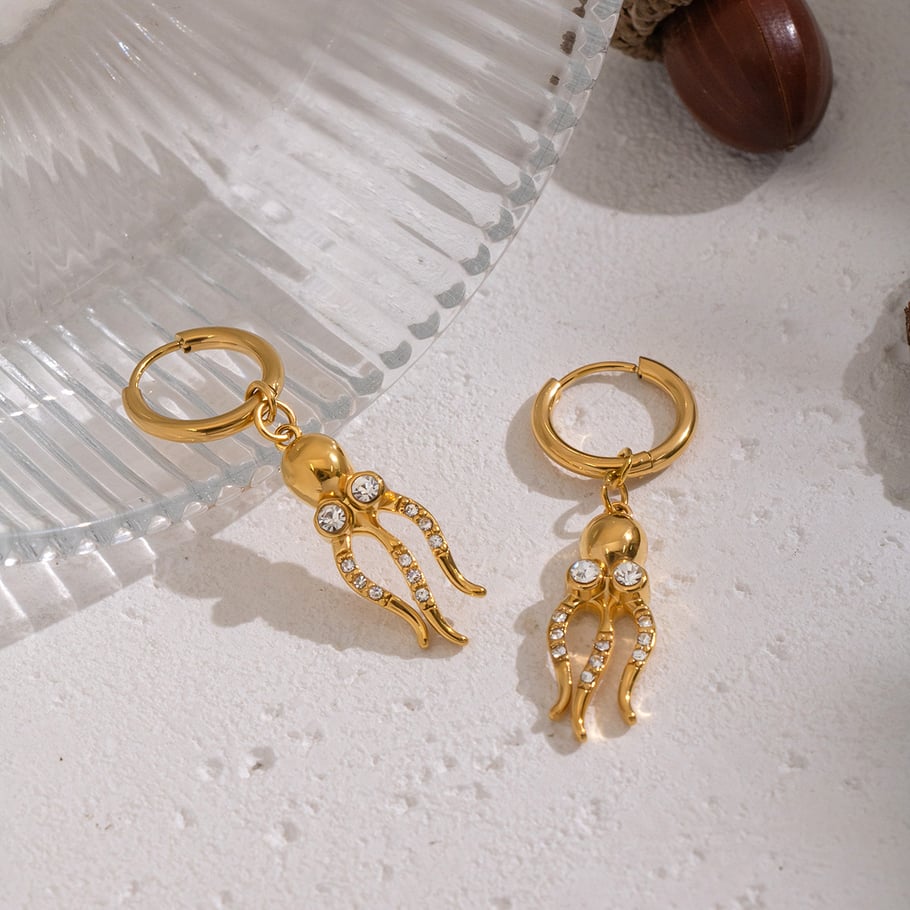 1 par de pendientes colgantes de circonita de color dorado de acero inoxidable con forma de pulpo h5Imagen4