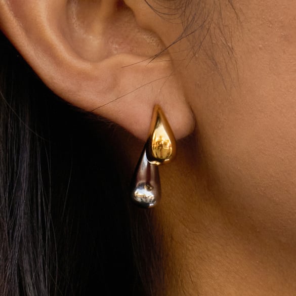 1 par de pendientes de botón de acero inoxidable con forma de gota en colores dorado y plateado para mujer 2