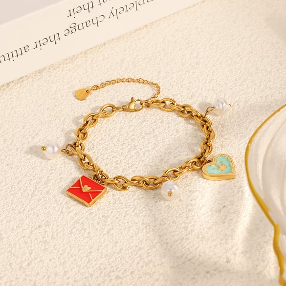 Pulsera étnica de acero inoxidable con dijes de corazón para mujer, 1 unidad