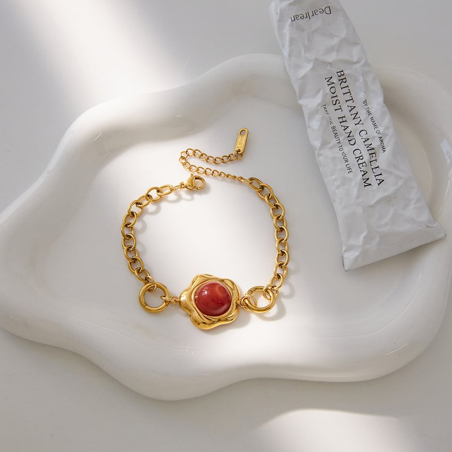 1 Stück luxuriöse Blumen-Armbänder aus Edelstahl in Goldfarbe und Acryl für Damen h5Bild5