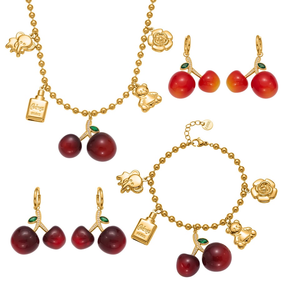 Parures de bijoux pour femmes en acier inoxydable et zircon couleur or Sweet Cherry h5Image5