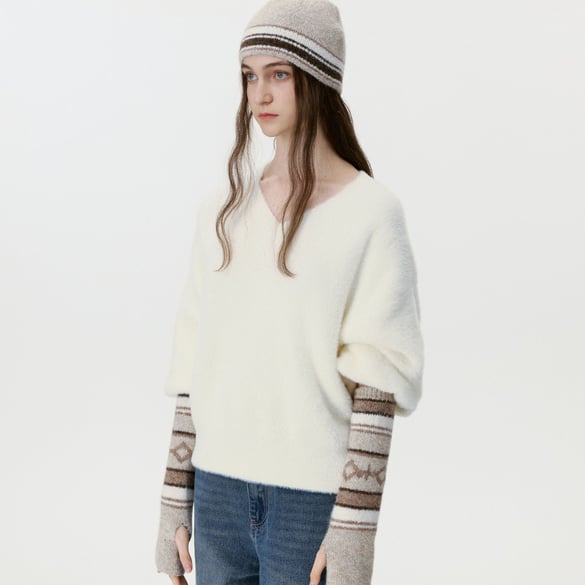 Retro Patchwork Strip Rayon Sleeve Covers & Knitted Hat 2