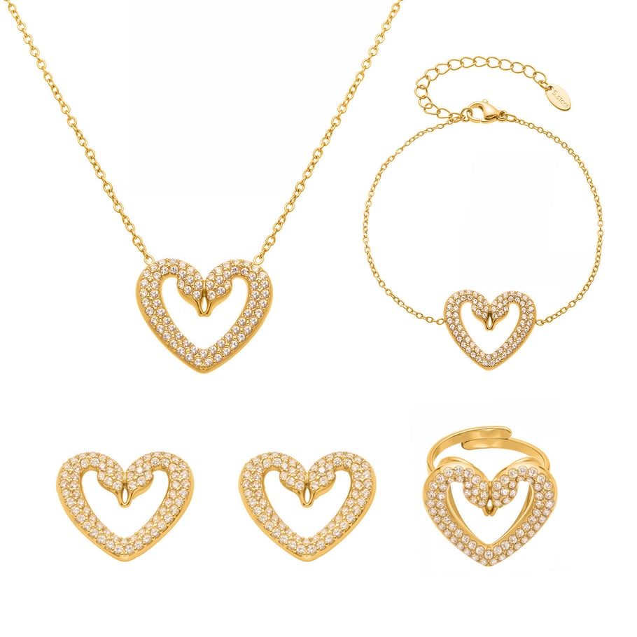 Conjuntos de joyas de lujo para mujer con corazón de cisne, acero inoxidable, color dorado y circonita h5Imagen6
