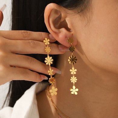 1 paio di orecchini pendenti in acciaio inossidabile color oro con fiore h5 Immagine5