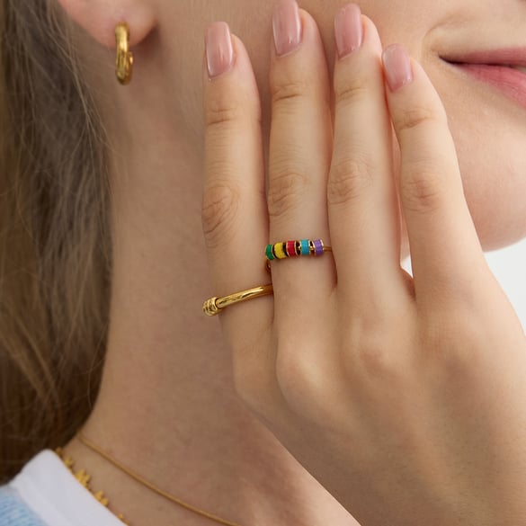 Anillos llamativos de acero inoxidable en color dorado con cuentas de colores extravagantes de 1 pieza 2