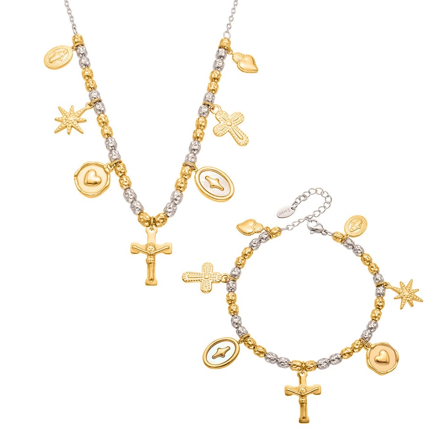 Parures de bijoux vintage en acier inoxydable pour femmes, couleurs mixtes or et argent, croix h5Image6
