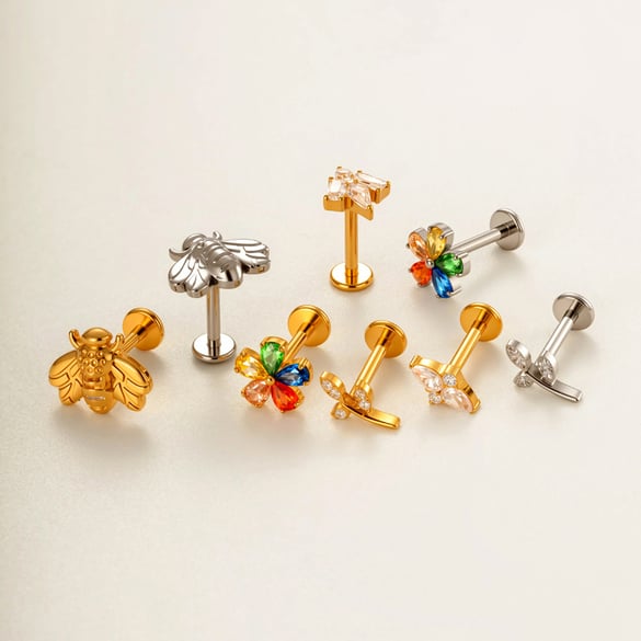 1 Piece Flower Titanium Alloy Gold Color Zircon Women's Piercing Earrings 2