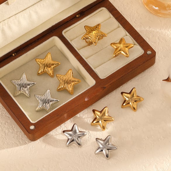 Star Stainless Steel Gold Color Earrings Set 2