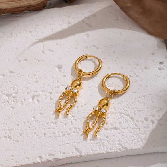 1 Paar Tropfenohrringe aus Edelstahl in Oktopusform, goldfarben, Zirkonia