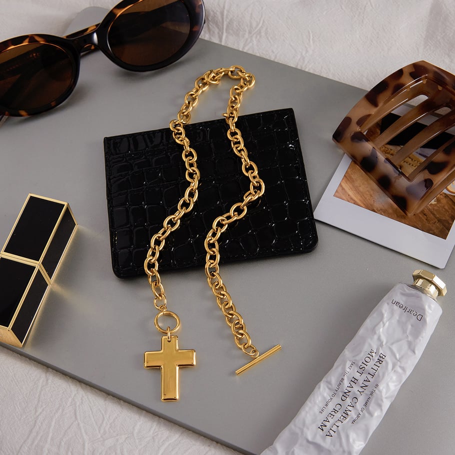 1 Stück minimalistische Kreuz-Anhänger-Halsketten aus Edelstahl in Goldfarbe für Damen h5Bild5