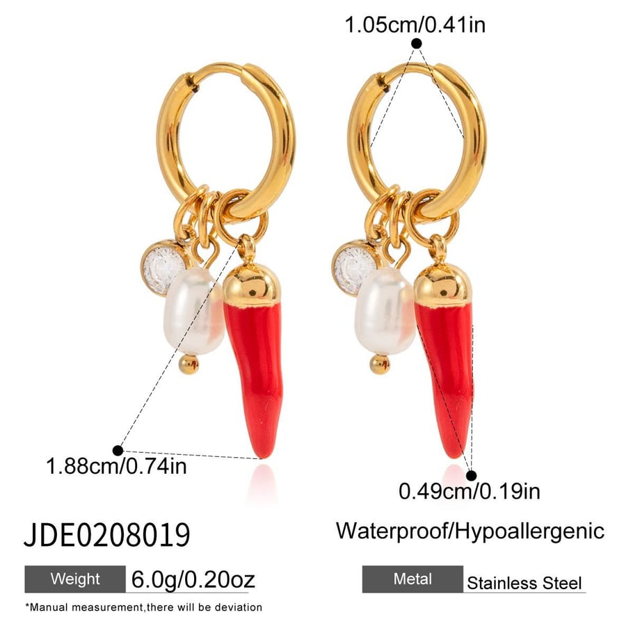 1 paio di orecchini pendenti da donna in acciaio inossidabile color oro con peperoncino rosso classico Immagine2