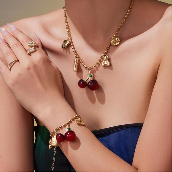 Parures de bijoux pour femmes en acier inoxydable et zircon couleur or Sweet Cherry 2