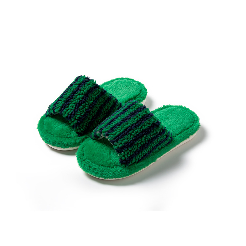 1 Pair Color-blocking Striped Home Plush Slippers