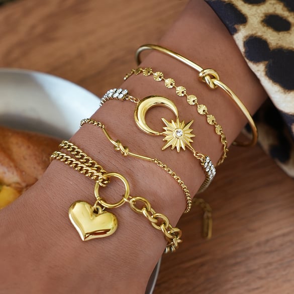 1 Piece Simple Retro Heart Moon Stainless Steel   Gold Color Women's Jewelry Sets