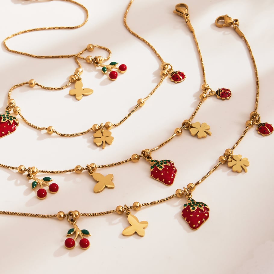 Parures de bijoux pour femmes en acier inoxydable couleur or et zircone, motif fraise vive h5Image3