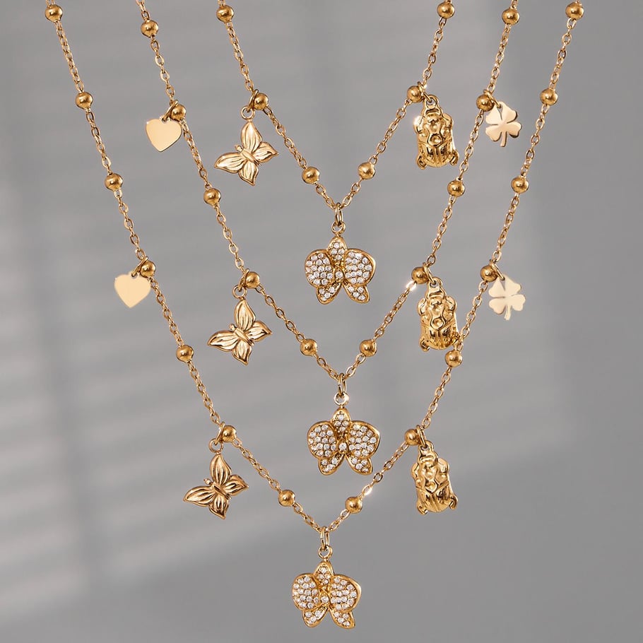 Collier avec pendentif Phalaenopsis en acier inoxydable couleur or pour femme, 1 pièce h5Image3