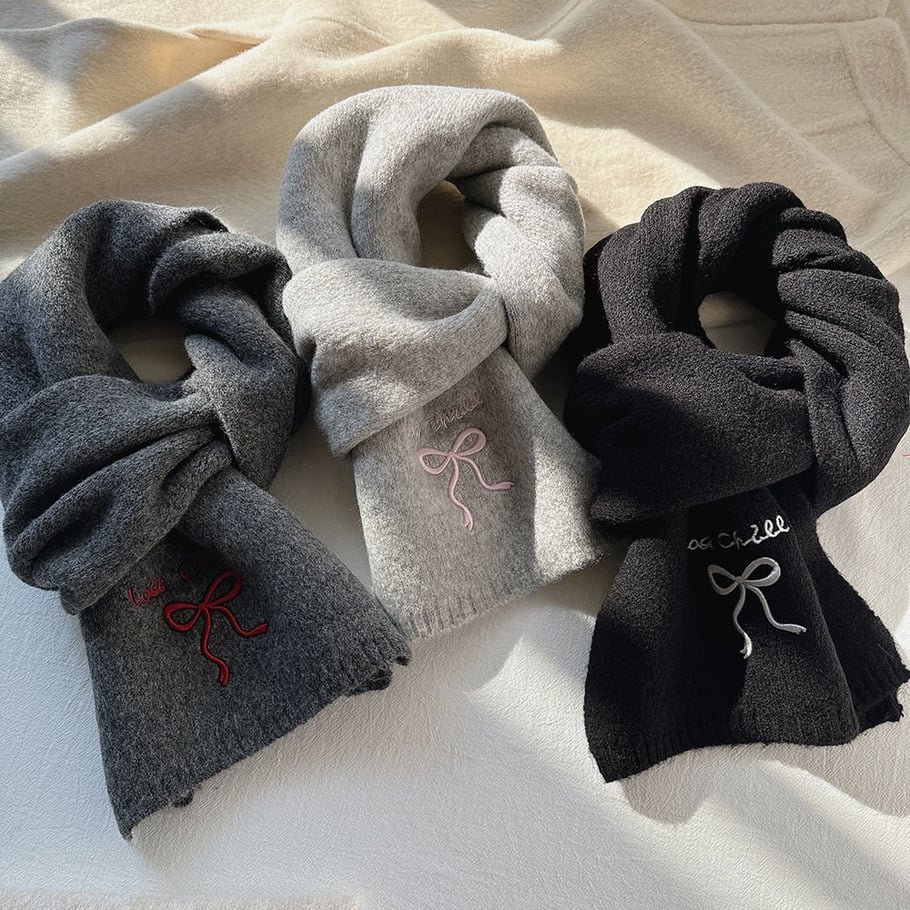 1 Piece Solid Color Embroidered Bow Knot Rayon & Wool Winter Scarf h5Picture4