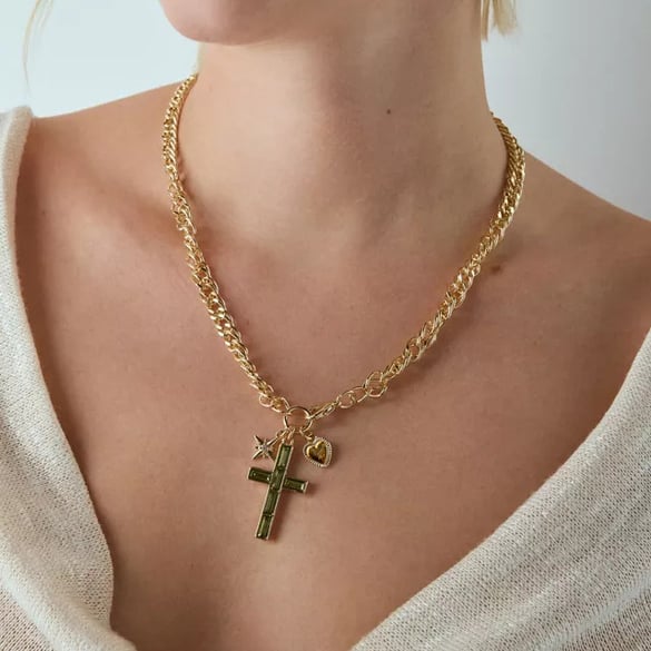 1 Piece Luxurious Cross Green Zircon Stainless Steel Gold Color Women's Pendant Necklaces 2