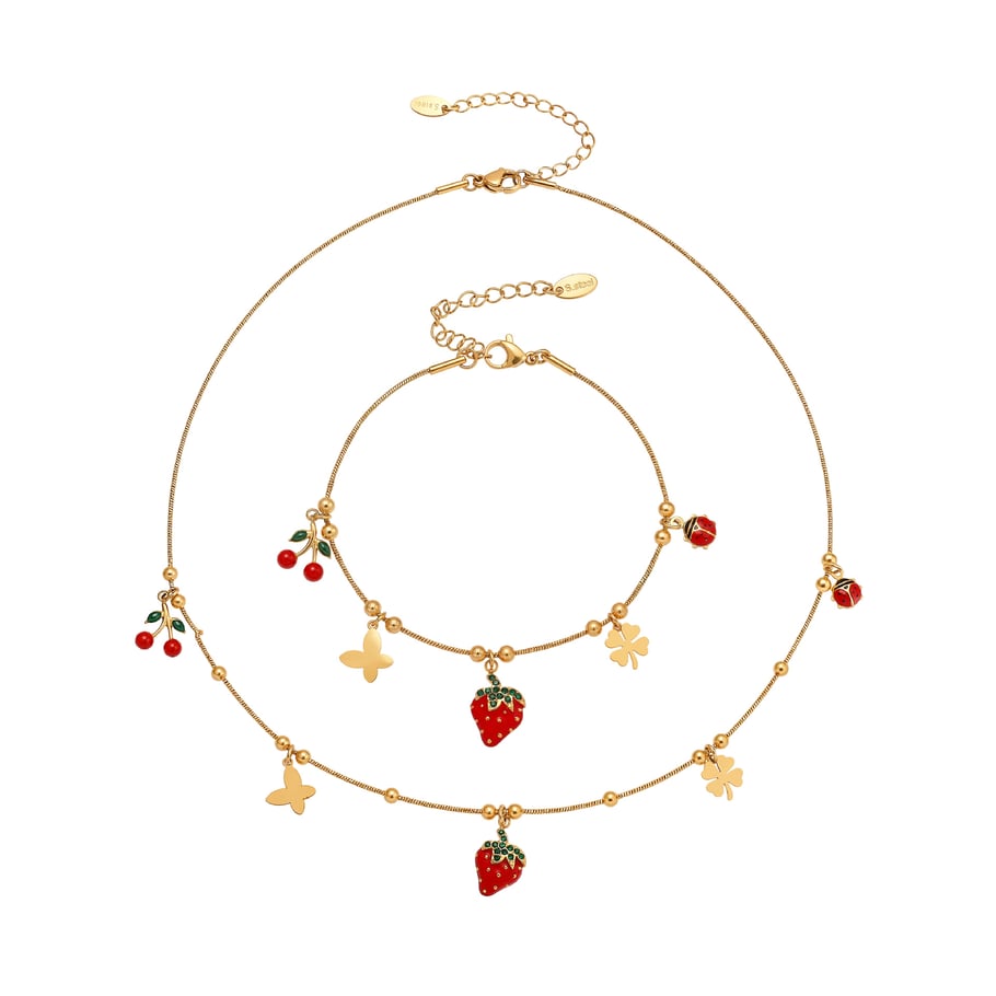 Parures de bijoux pour femmes en acier inoxydable couleur or et zircone, motif fraise vive h5Image6