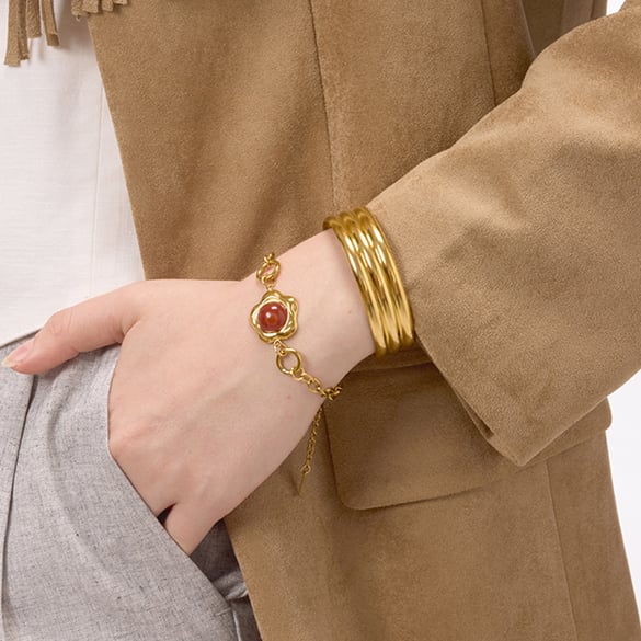 1 Stück luxuriöse Blumen-Armbänder aus Edelstahl in Goldfarbe und Acryl für Damen 2