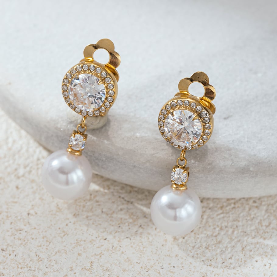 1 Pair Stainless Steel Gold Color Pearl Clip-On Earrings h5Picture2
