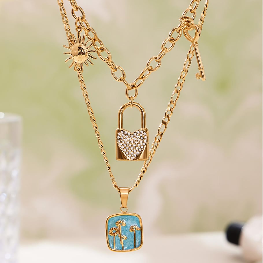 Collier avec pendentif en forme de fleur exquise en acier inoxydable couleur or pour femme h5Image3