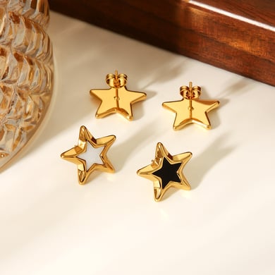 1 paio di orecchini a bottone in acciaio inossidabile color oro con stella smaltata h5 Immagine5