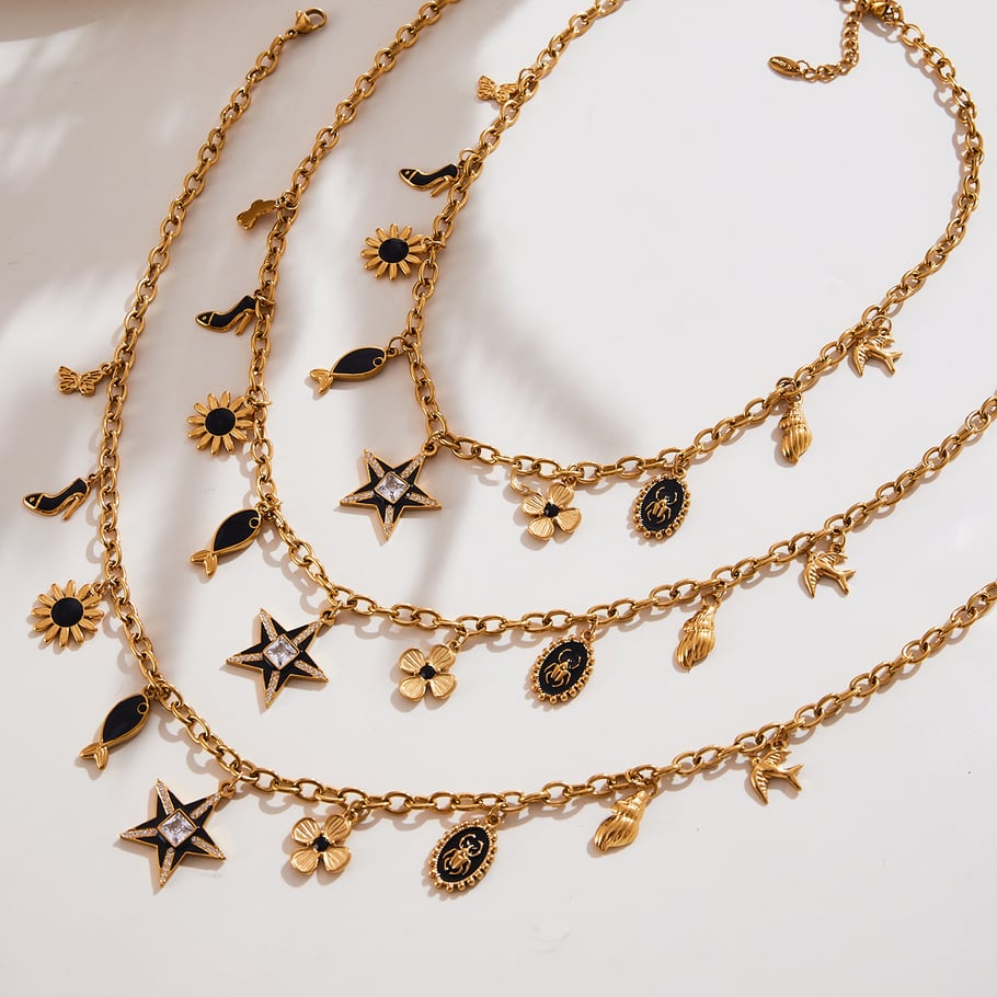 Collier avec pendentif étoile noire rétro en acier inoxydable couleur or pour femme, 1 pièce h5Image3
