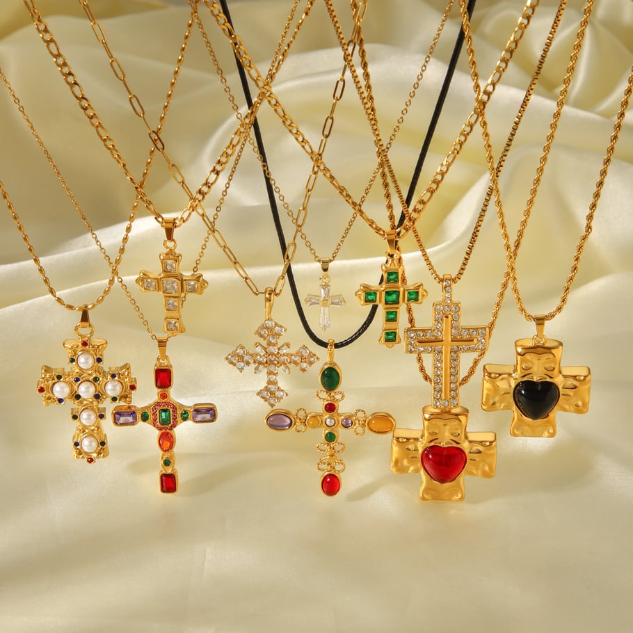1 stuk kruis roestvrij staal goudkleurige zirkoon hanger ketting Afbeelding5