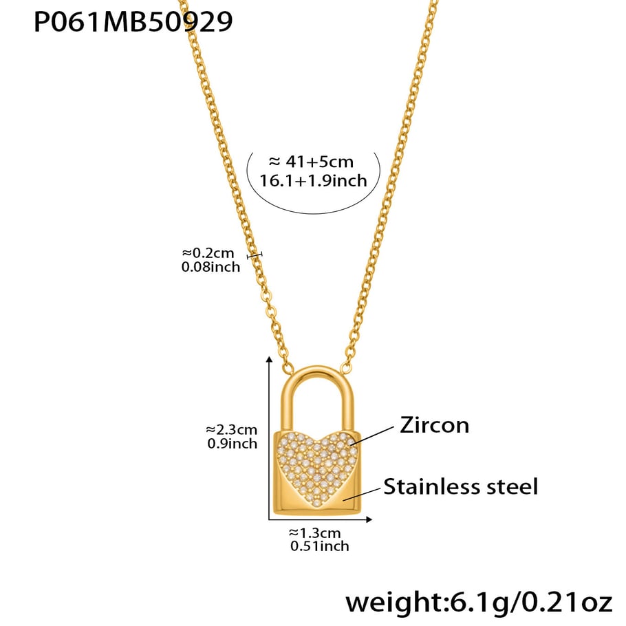 1 collar con colgante de circonita de color dorado y acero inoxidable con candado brillante para mujer h5Imagen2