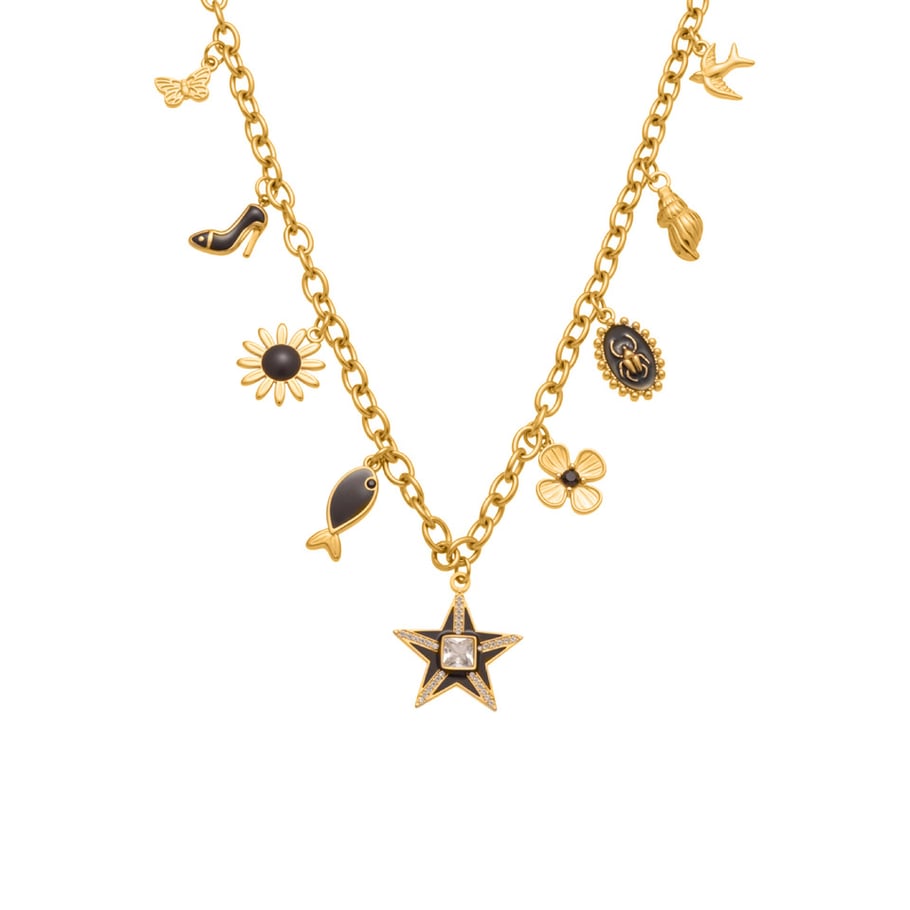 Collier avec pendentif étoile noire rétro en acier inoxydable couleur or pour femme, 1 pièce