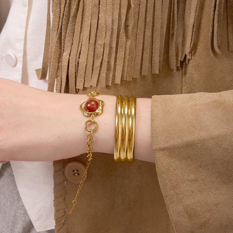1 Stück luxuriöse Blumen-Armbänder aus Edelstahl in Goldfarbe und Acryl für Damen h5Bild3