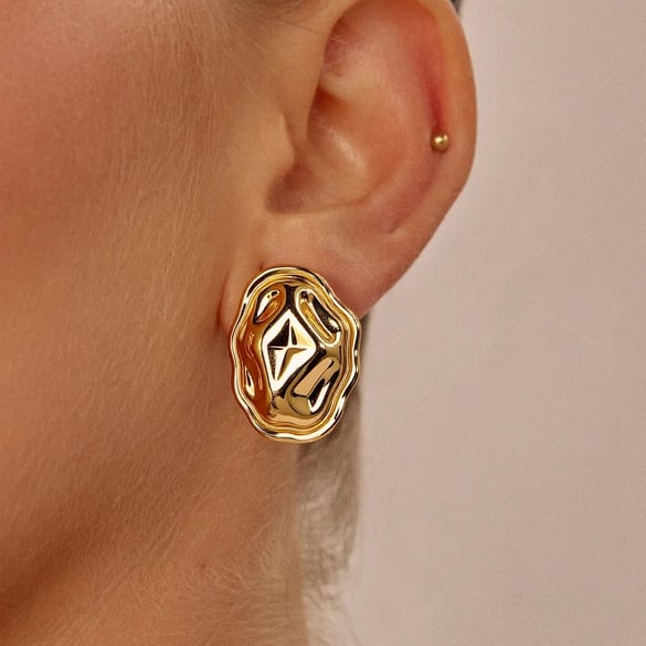 1 Piece Retro Stainless Steel Hammer Pattern Gold Color Stud Earrings 2
