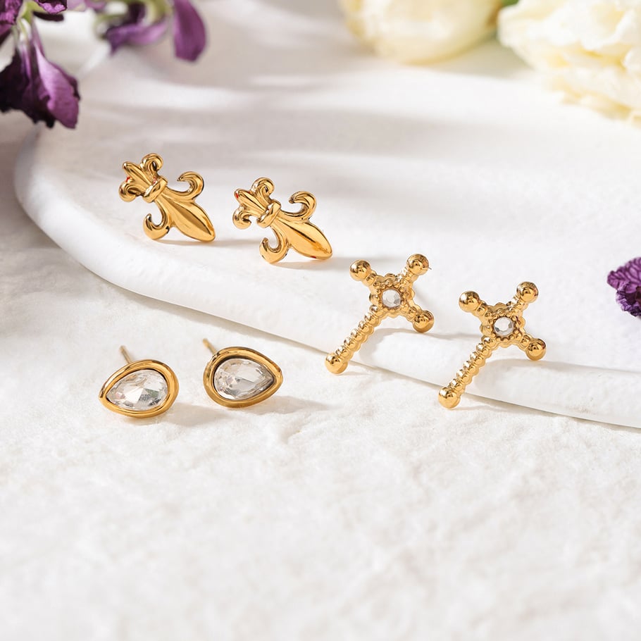 1 Set Klassisches Kreuz Edelstahl Goldfarben Damen Ohrring Sets h5Bild4