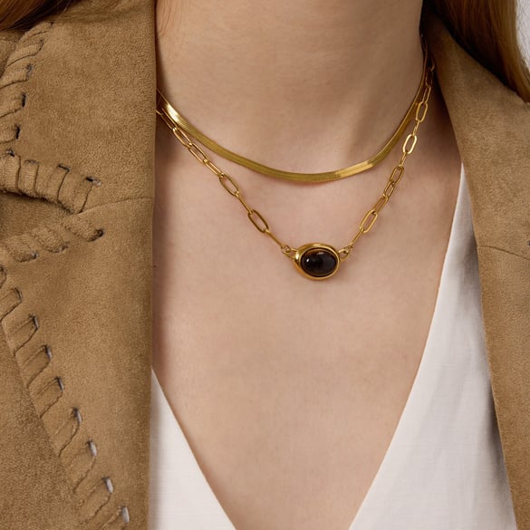 1 Piece Retro Oval Natural Stone Stainless Steel Gold Color Women's Pendant Necklaces 2