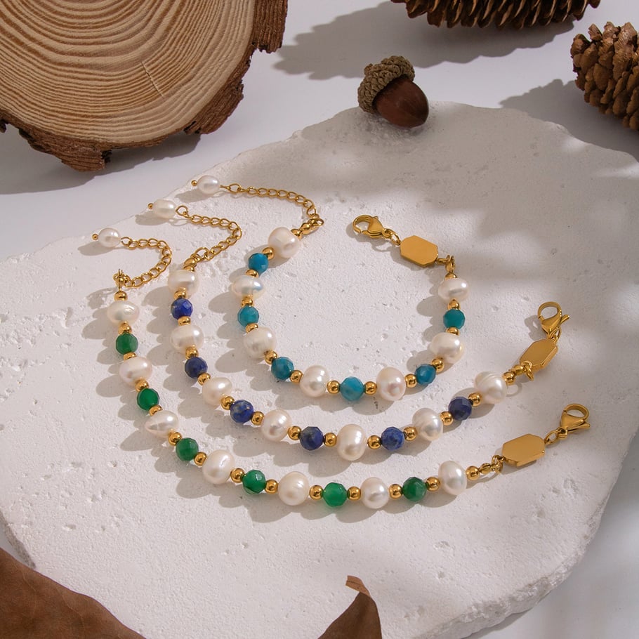 Pulsera elegante de acero inoxidable con cuentas de perlas y piedras naturales de 1 pieza h5Imagen2