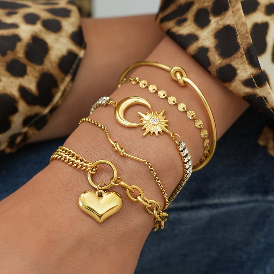 1 Piece Simple Retro Heart Moon Stainless Steel Gold Color Women's Jewelry Sets h5Picture6