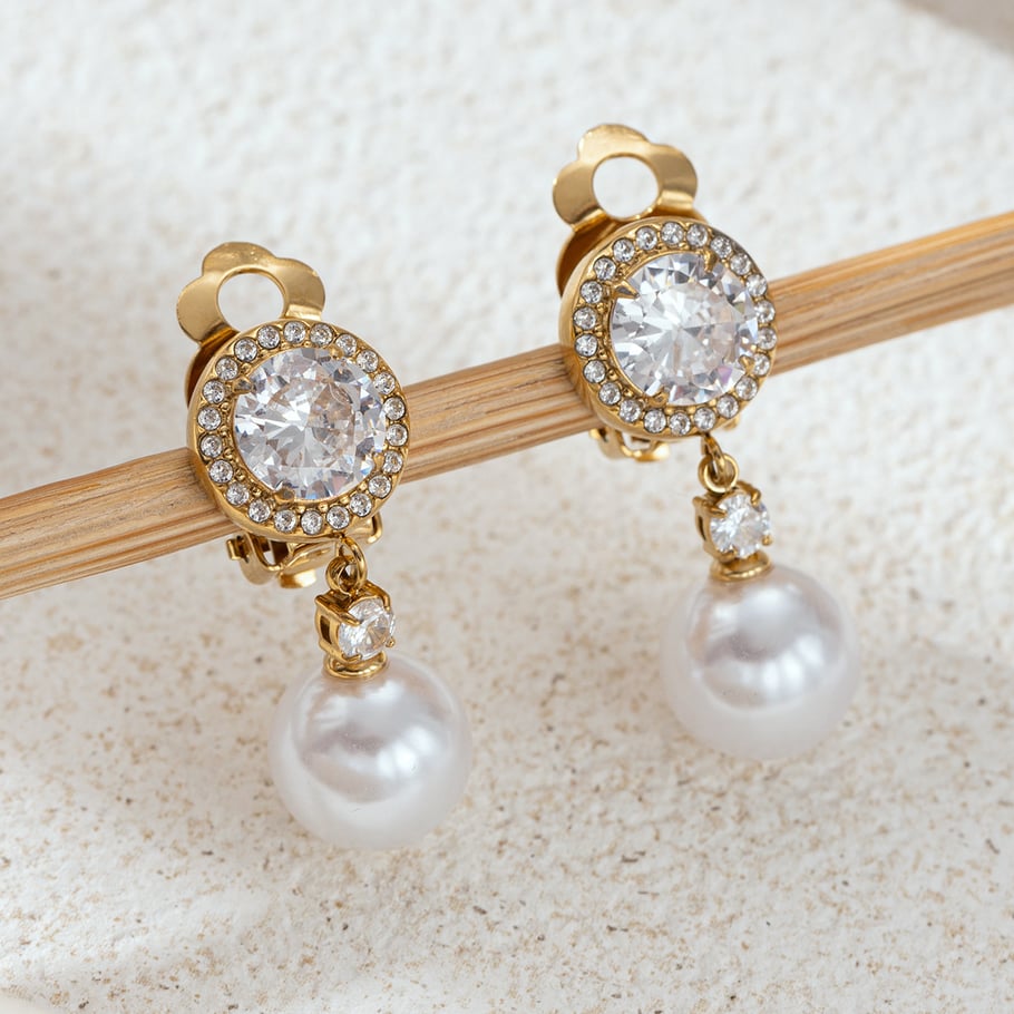 1 Pair Stainless Steel Gold Color Pearl Clip-On Earrings h5Picture4