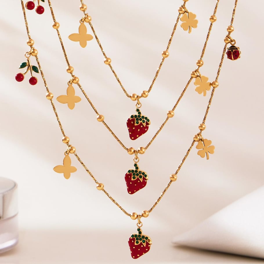 Parures de bijoux pour femmes en acier inoxydable couleur or et zircone, motif fraise vive h5Image2