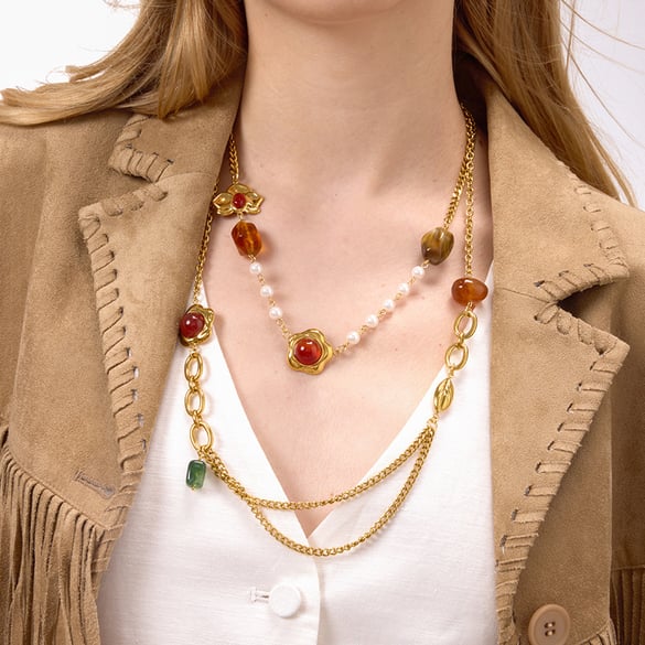 1 collar con colgante de flor retro de acero inoxidable, color dorado y acrílico para mujer. 2