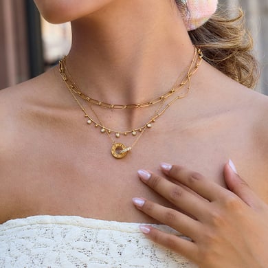 1 Stück luxuriöse Doppelkreis-Anhängerketten aus Edelstahl in Goldfarbe für Damen h5 Bild6