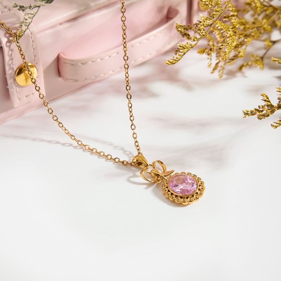 1 Piece Classic Circle Pink Zircon Stainless Steel Gold Color Women's Pendant Necklaces Picture4