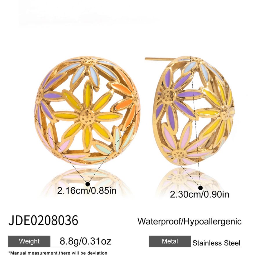 1 paio di orecchini a bottone da donna in acciaio inossidabile color oro con fiore glamour Immagine2