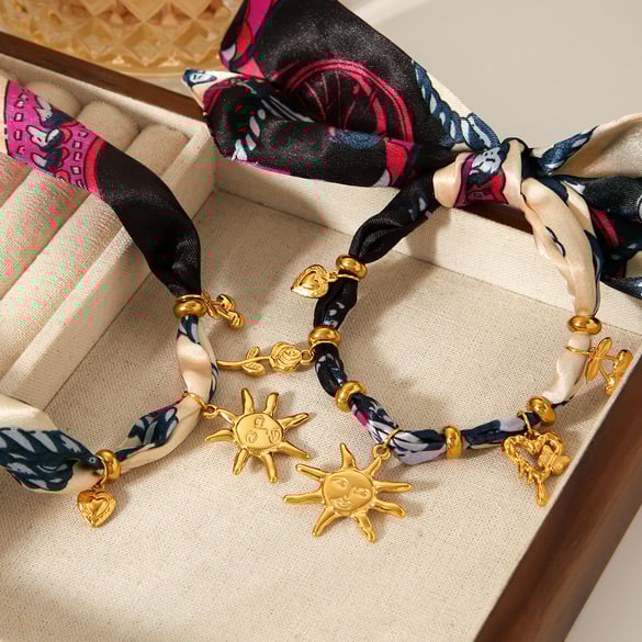 Stainless Steel Sun Gold Color Fabric Necklace Set