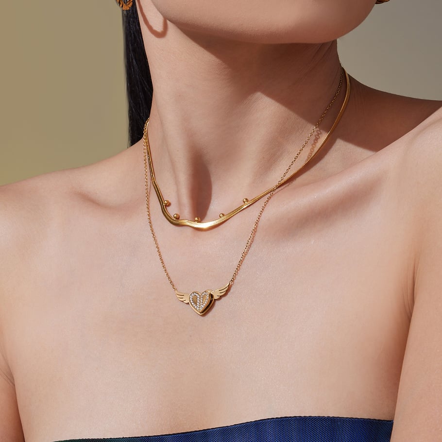 Collier avec pendentif romantique en acier inoxydable doré pour femme, motif cœur et balançoires h5Image5