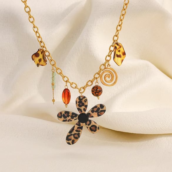 1 pezzo di collana con ciondolo da donna in acciaio inossidabile con stampa leopardata e fiori etnici 2