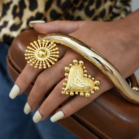 1 Piece  Retro Heart Sun Stainless Steel  Gold Color Women's Statement Rings 2