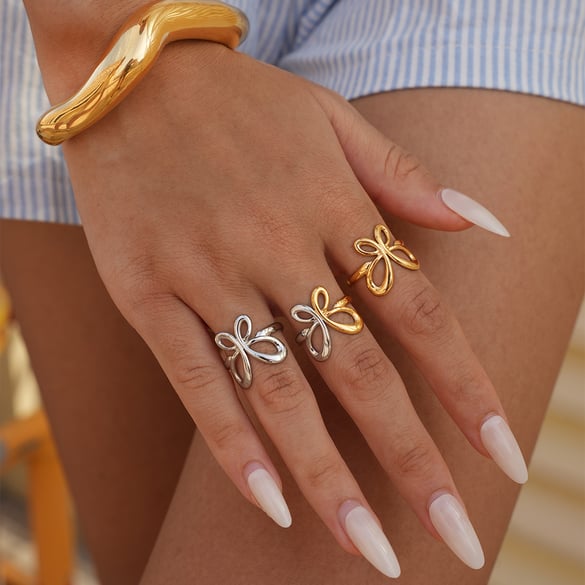 1 Piece  Retro Butterfly Stainless Steel   Gold Color Women's Statement Rings 2