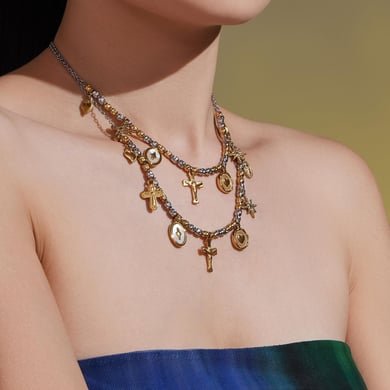 Parures de bijoux vintage en acier inoxydable pour femmes, couleurs mixtes or et argent, croix h5 Image4